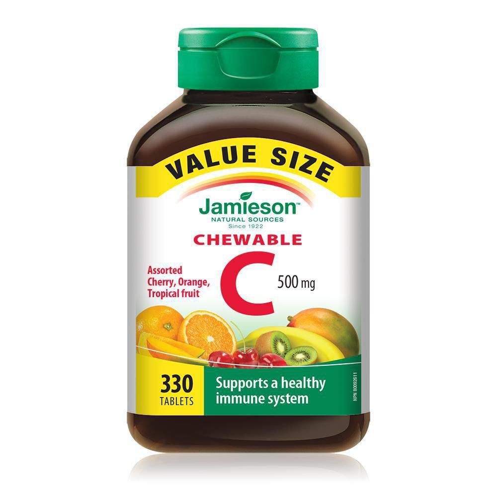 Jamieson Chewable Vitamin C Assorted Cherry, Orange, Tropical Fruit, 500mg , 330 Delicious chewable