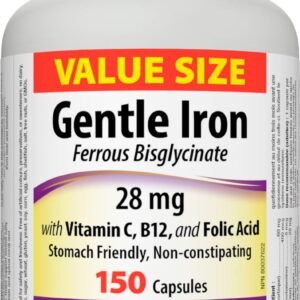 Webber Naturals Gentle Iron Supplement with Vitamin C, B12 and Folic Acid, 28 mg, 150 Capsules, Stomach-Friendly, Non-Constipating, Helps Prevent Iron Deficiency Anemia